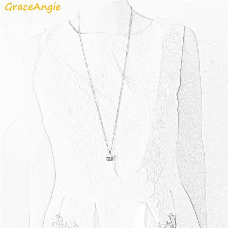 GraceAngie 1pc Tibetischen Silber Farbe Legierung Kappe Imitiert Elfenbein Anhänger Halskette Lange Link Kette Ethnische Boho Schmuck Zubehör