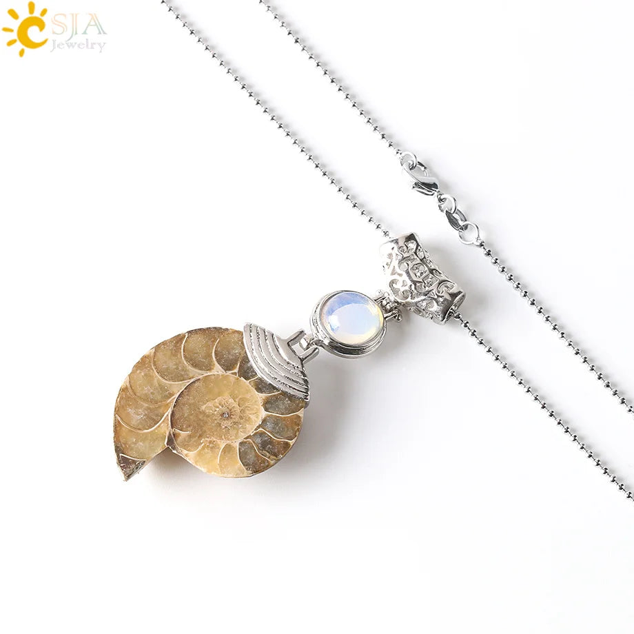 CSJA Natürliche Ammonit Anhänger Halbe Cut Snail Shell Tier Halskette Conch Reliquiae Lila Kristall Frauen Männer Schmuck E256