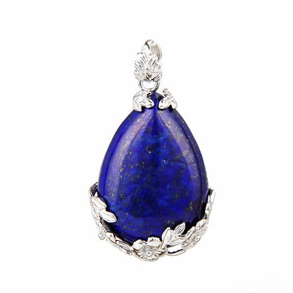 Damen-Naturstein, lila Kristall, Aventurin, Opal, Karneol, Onyx, Rosenquarz, Lapislazuli, Tropfenform, eingelegter Blumenanhänger aus Metall