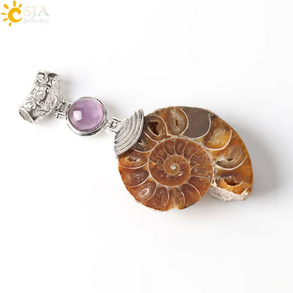 CSJA Natürliche Ammonit Anhänger Halbe Cut Snail Shell Tier Halskette Conch Reliquiae Lila Kristall Frauen Männer Schmuck E256