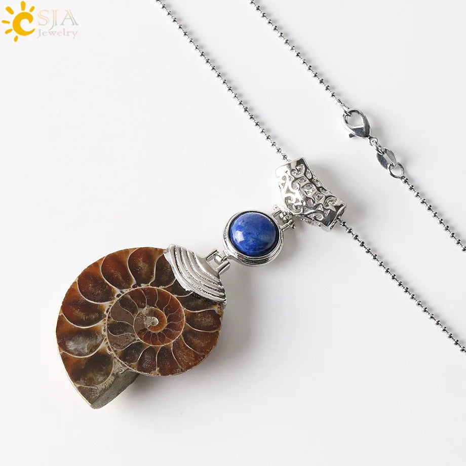 CSJA Natürliche Ammonit Anhänger Halbe Cut Snail Shell Tier Halskette Conch Reliquiae Lila Kristall Frauen Männer Schmuck E256
