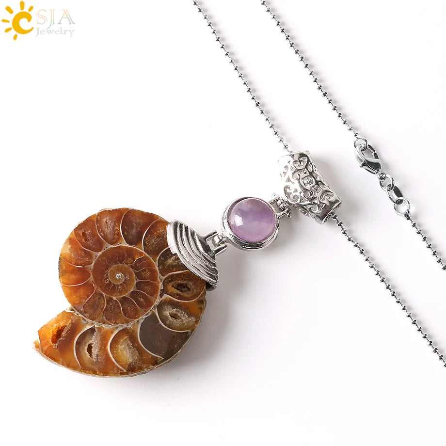 CSJA Natürliche Ammonit Anhänger Halbe Cut Snail Shell Tier Halskette Conch Reliquiae Lila Kristall Frauen Männer Schmuck E256