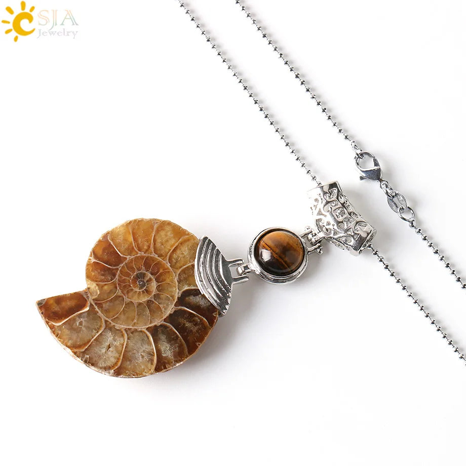 CSJA Natürliche Ammonit Anhänger Halbe Cut Snail Shell Tier Halskette Conch Reliquiae Lila Kristall Frauen Männer Schmuck E256