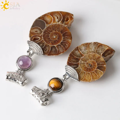 CSJA Natürliche Ammonit Anhänger Halbe Cut Snail Shell Tier Halskette Conch Reliquiae Lila Kristall Frauen Männer Schmuck E256