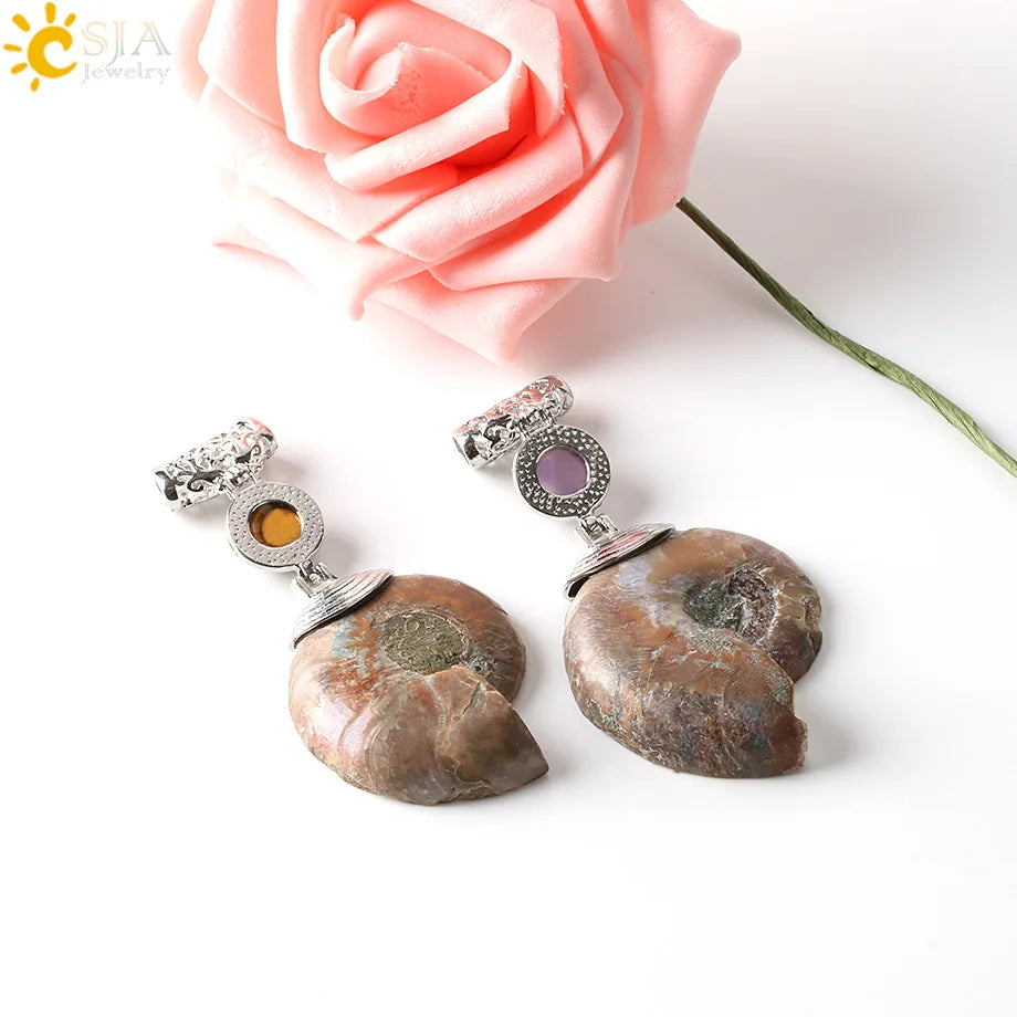CSJA Natürliche Ammonit Anhänger Halbe Cut Snail Shell Tier Halskette Conch Reliquiae Lila Kristall Frauen Männer Schmuck E256