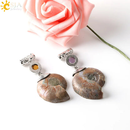 CSJA Natürliche Ammonit Anhänger Halbe Cut Snail Shell Tier Halskette Conch Reliquiae Lila Kristall Frauen Männer Schmuck E256