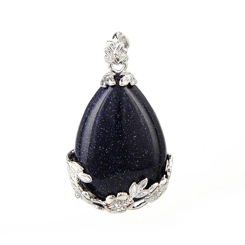 Damen-Naturstein, lila Kristall, Aventurin, Opal, Karneol, Onyx, Rosenquarz, Lapislazuli, Tropfenform, eingelegter Blumenanhänger aus Metall