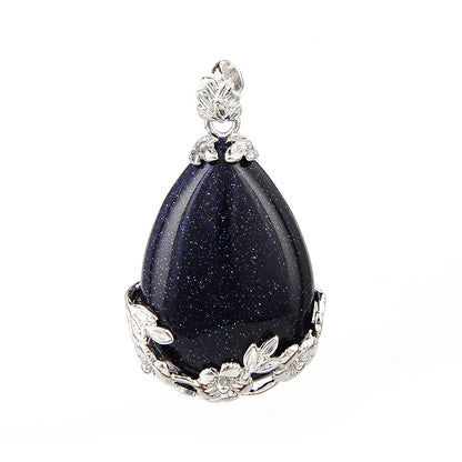 Damen-Naturstein, lila Kristall, Aventurin, Opal, Karneol, Onyx, Rosenquarz, Lapislazuli, Tropfenform, eingelegter Blumenanhänger aus Metall