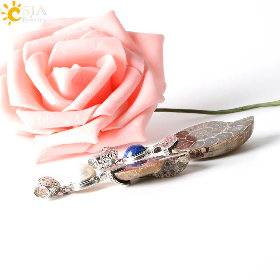 CSJA Natürliche Ammonit Anhänger Halbe Cut Snail Shell Tier Halskette Conch Reliquiae Lila Kristall Frauen Männer Schmuck E256