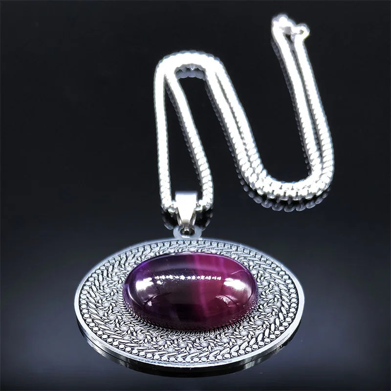 Edelstahl Böhmen Naturstein Vintage Halsketten Frauen Silber Farbe Oval Kette Halskette Schmuck Reiki Healing Geschenk N8150