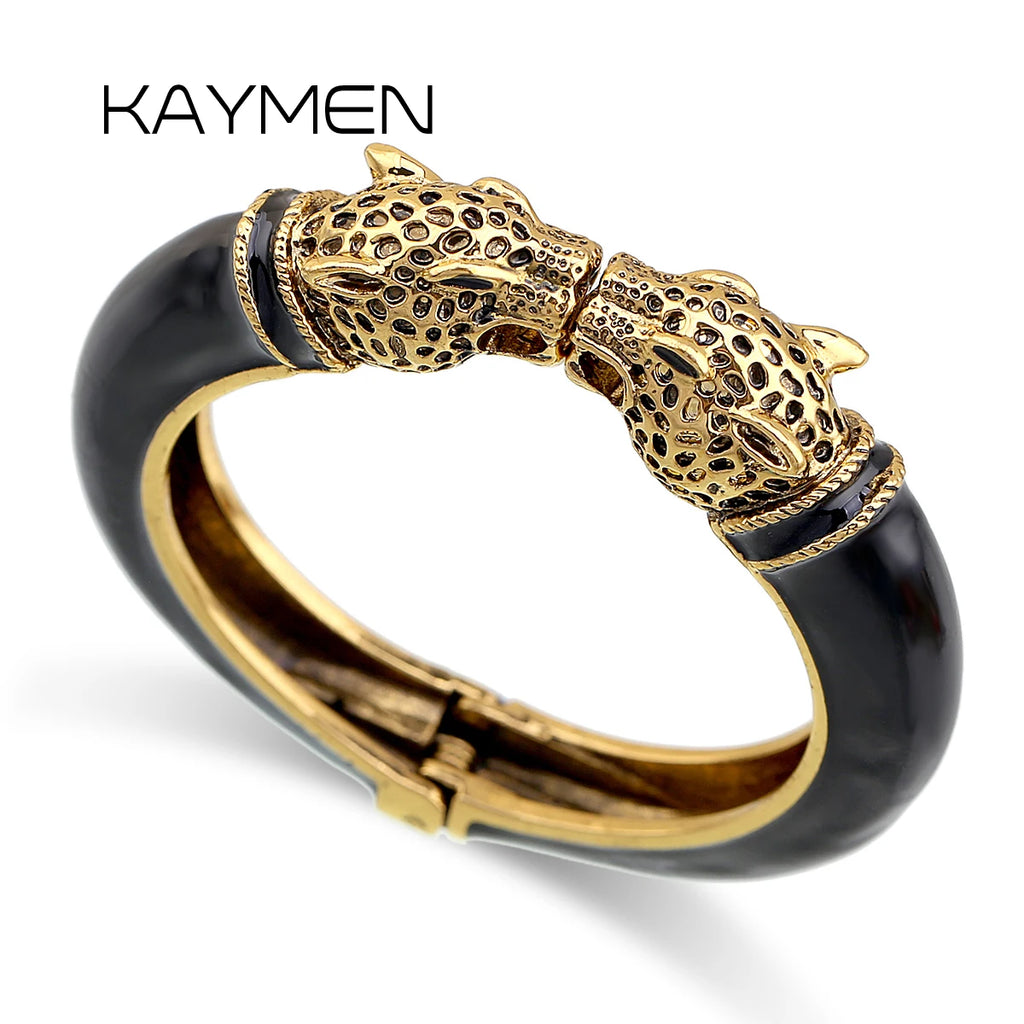 All Seasons Damen-Manschettenarmband für Party, antik vergoldet, Tier-Emaille, Leopardenkopf, Vintage-Armband, trendiger Schmuck