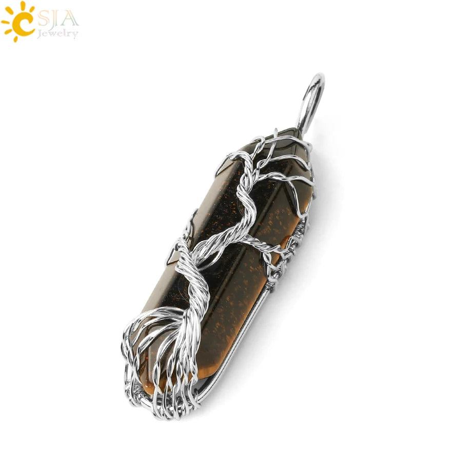 CSJA Kristalle Halskette Stein Natürlichen Kristall Anhänger Sechseckige Silber Farbe Lebensbaum Draht Wrap Frauen Männer Quarz Schmuck G551