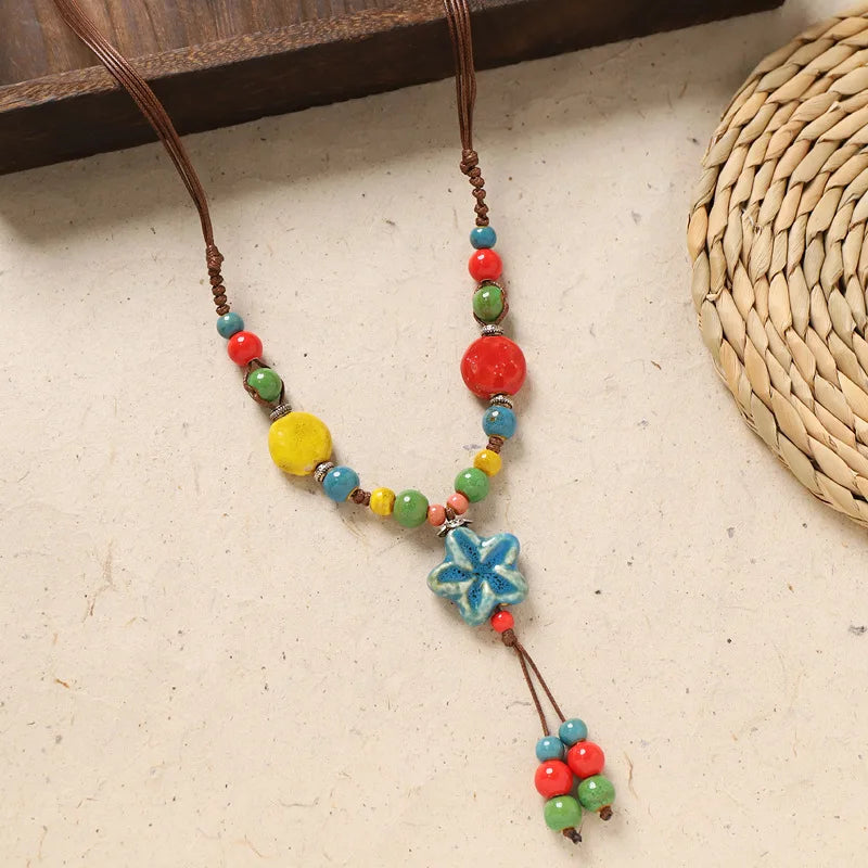 Ceramic Necklace with Colorful Beads Flower-shaped Long Sweater Chain Retro Accessory for Women
