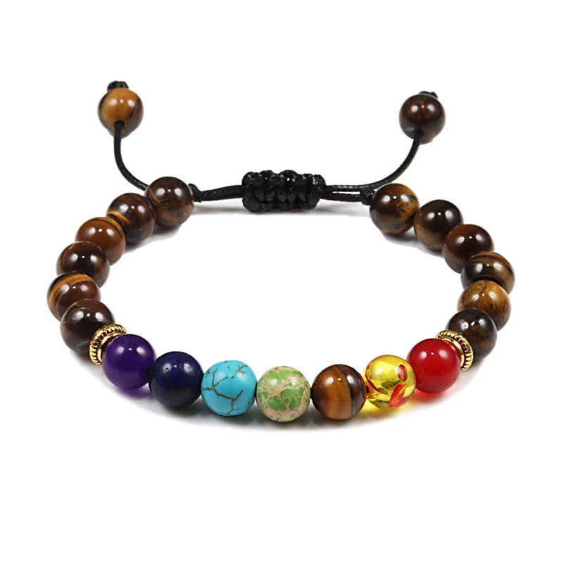 7-Chakra-Perlen, natürliches Lava-Tigerauge-Stein-Armband für Damen und Herren, Heilung, Gleichgewichtstherapie, Armbänder, Schmuck, Gebet, verstellbar
