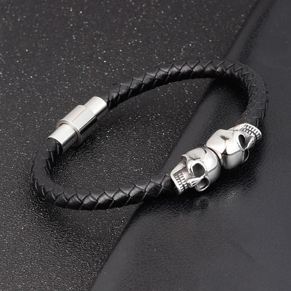 Übertreibung Männer Schmuck Schwarz Geflochtene Leder Armbänder Edelstahl Leder Armbänder Coole Schädel Armbänder Männer Armband