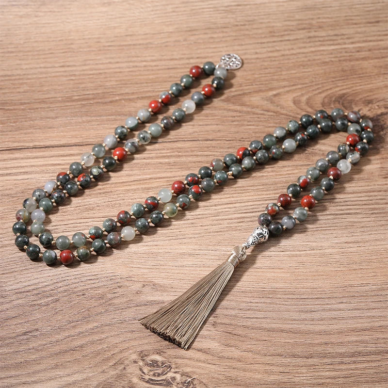 8 mm Blutstein geknotete 108 Mala Perlen Halskette Meditation Yoga Japamala Schmuck für Männer und Frauen