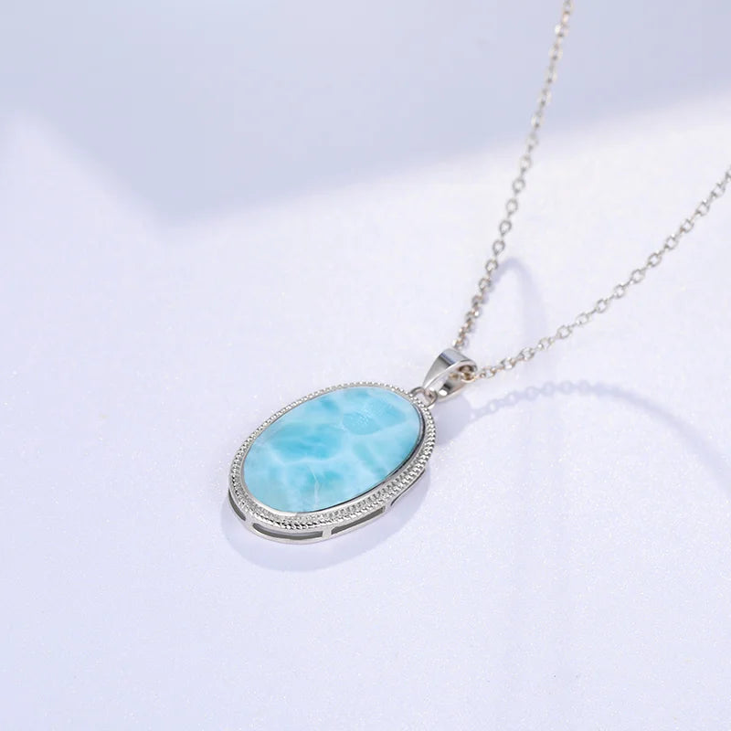 925 Sterling Silber Schmuck Geschenke Klassische Anhänger Halskette Natürliche Edel Larimar Retro Frau Oval Charme Rhodium Überzogene Gold