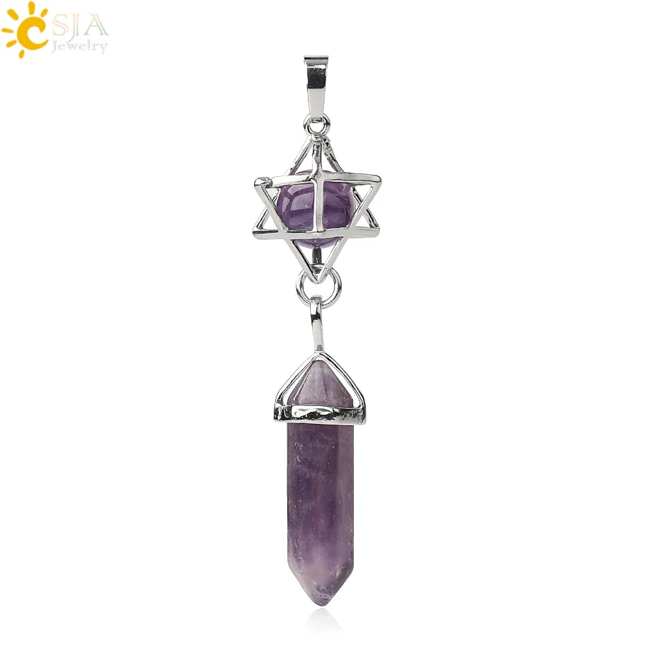 CSJA Reiki Naturstein-Anhänger Merkaba Medaillon Pendel Sechseckiges Kristallprisma Lange Anhänger für Halsketten Damenschmuck G512