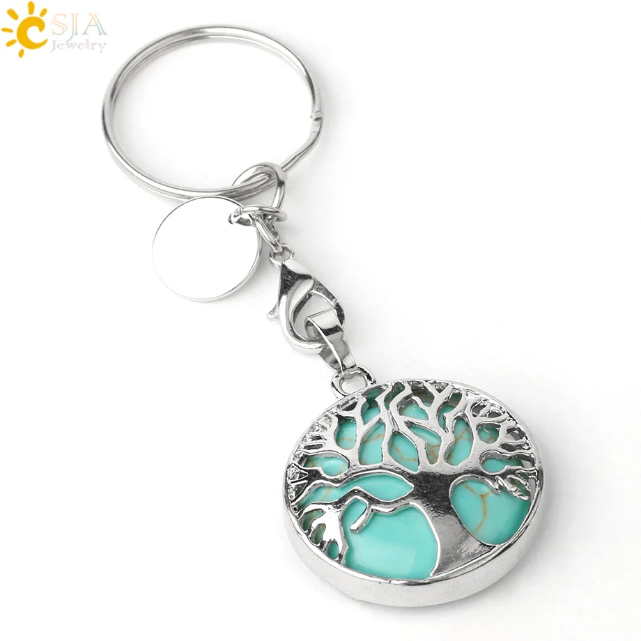 CSJA Luxus Natürlichen Kristall Stein Original Keychain Baum des Lebens Keychain Glücklich Key Ring Auto Decor Weihnachten Frauen Männer G498