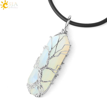 CSJA Kristalle Halskette Stein Natürlichen Kristall Anhänger Sechseckige Silber Farbe Lebensbaum Draht Wrap Frauen Männer Quarz Schmuck G551