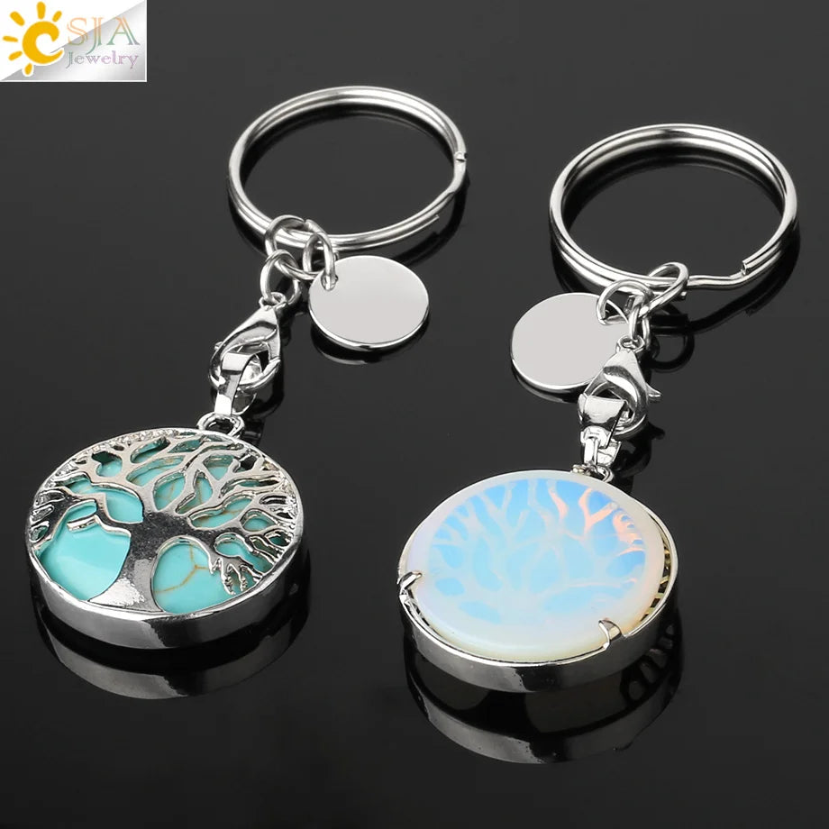 CSJA Luxus Natürlichen Kristall Stein Original Keychain Baum des Lebens Keychain Glücklich Key Ring Auto Decor Weihnachten Frauen Männer G498