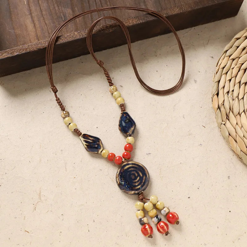Ceramic Necklace with Colorful Beads Flower-shaped Long Sweater Chain Retro Accessory for Women