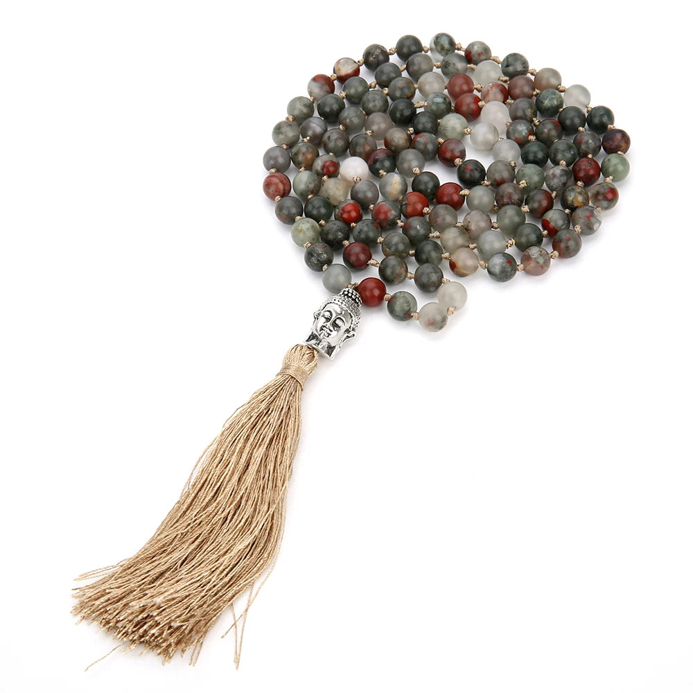 6/8mm Natürliche Blutstein 108 Mala Perlen Verknotet Halskette Meditation Yoga Tibetischen Buddha Kopf Quaste Anhänger Japa Rosenkranz schmuck