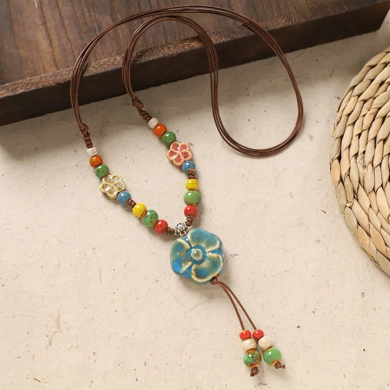 Ceramic Necklace with Colorful Beads Flower-shaped Long Sweater Chain Retro Accessory for Women
