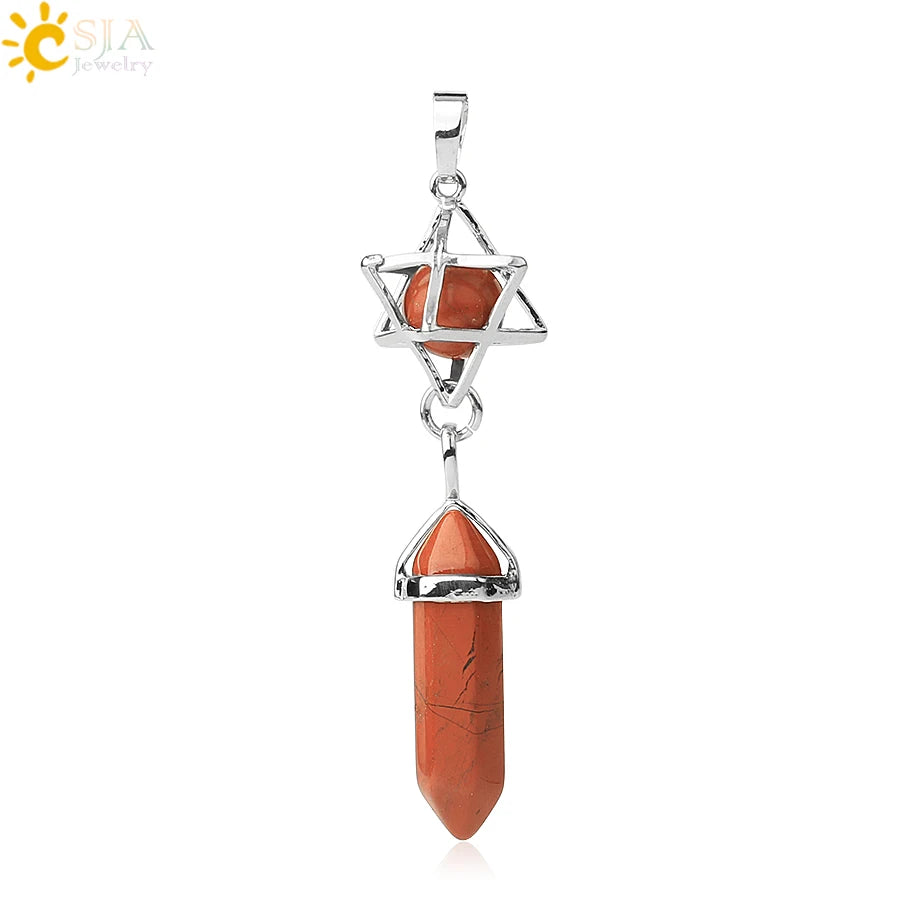 CSJA Reiki Naturstein-Anhänger Merkaba Medaillon Pendel Sechseckiges Kristallprisma Lange Anhänger für Halsketten Damenschmuck G512