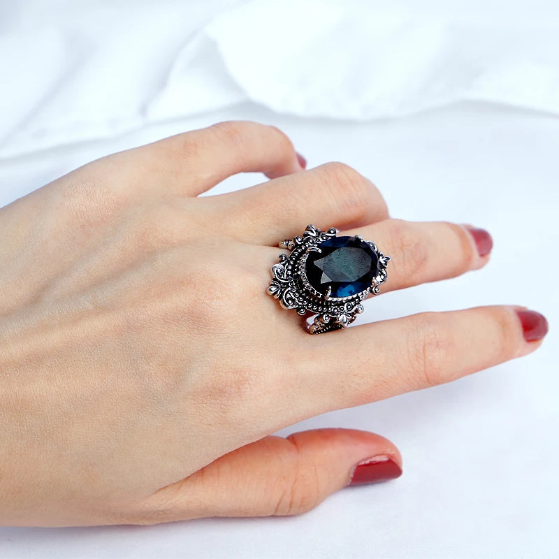 HuiSept Vintage-Ring aus 925er Silber, Schmuck, große ovale Saphir-Edelsteinringe für männlich und weiblich, Hochzeit, Party, Geschenke im Großhandel