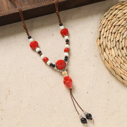 Ceramic Necklace with Colorful Beads Flower-shaped Long Sweater Chain Retro Accessory for Women