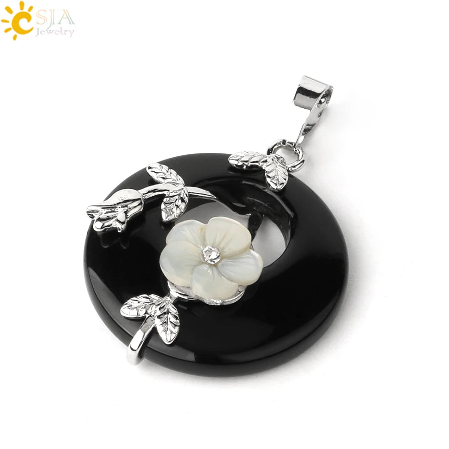 Natursteine Anhänger für Halskette Runde Blume Blatt Amethyste Rosenquarz Schwarzer Onyx Kristall Donut Reiki Schmuck G384