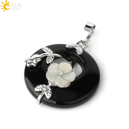 Natursteine Anhänger für Halskette Runde Blume Blatt Amethyste Rosenquarz Schwarzer Onyx Kristall Donut Reiki Schmuck G384
