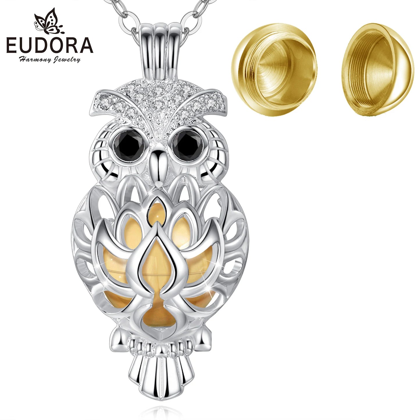 EUDORA Urne Feuerbestattung Anhänger 14mm Eule Käfig Offene Medaillon Asche Halter Andenken Kapsel Halskette Hohl Ball DIY Schmu k332n14