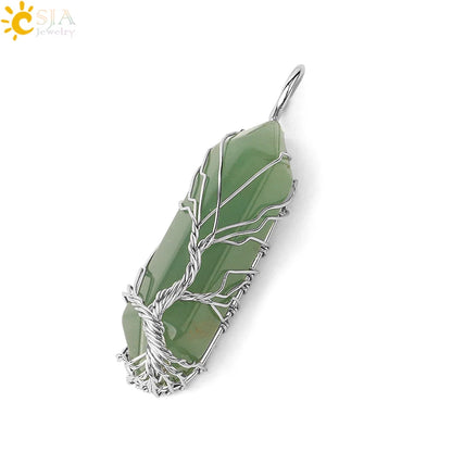 CSJA Kristalle Halskette Stein Natürlichen Kristall Anhänger Sechseckige Silber Farbe Lebensbaum Draht Wrap Frauen Männer Quarz Schmuck G551