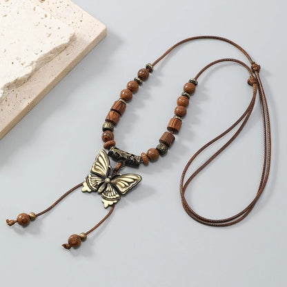 Vintage Style Double Layer Beaded Necklace with Bohemian Style Butterfly Pendant for Wedding or Party
