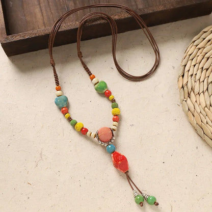 Ceramic Necklace with Colorful Beads Flower-shaped Long Sweater Chain Retro Accessory for Women