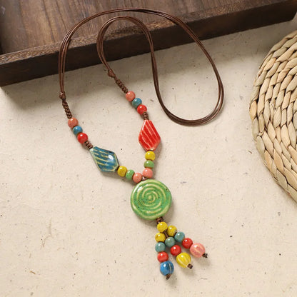 Ceramic Necklace with Colorful Beads Flower-shaped Long Sweater Chain Retro Accessory for Women