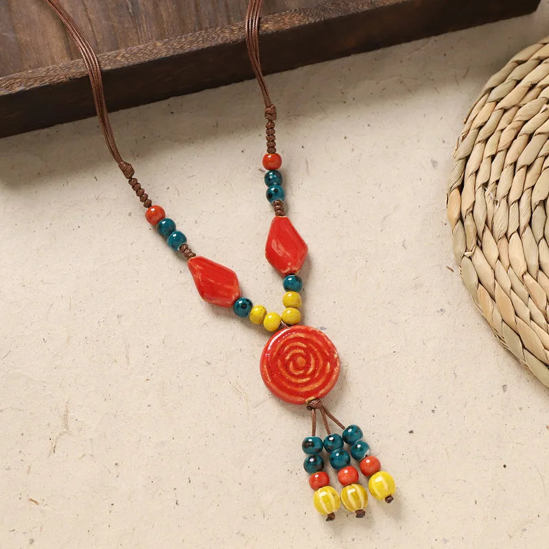 Ceramic Necklace with Colorful Beads Flower-shaped Long Sweater Chain Retro Accessory for Women