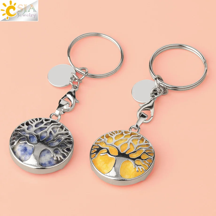 CSJA Luxus Natürlichen Kristall Stein Original Keychain Baum des Lebens Keychain Glücklich Key Ring Auto Decor Weihnachten Frauen Männer G498