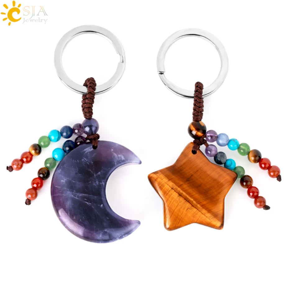Naturstein 7 Chakra Schlüssel bund Heilung Mond Türkis Stern Rose Quarz Kristall Anhänger Aventurin Schlüssel ring Auto Schlüssel tasche g850