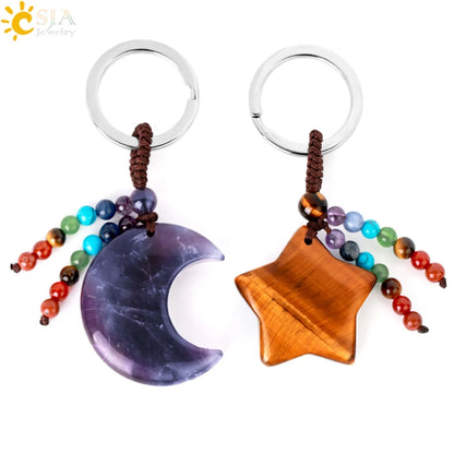 Naturstein 7 Chakra Schlüssel bund Heilung Mond Türkis Stern Rose Quarz Kristall Anhänger Aventurin Schlüssel ring Auto Schlüssel tasche g850