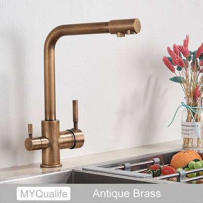 Chrom Messing Reines Wasser Küche Wasserhahn Dual Griff Heißes und Kaltes Trinkwasser 3-weg Filter Küche Gereinigte Mischbatterien