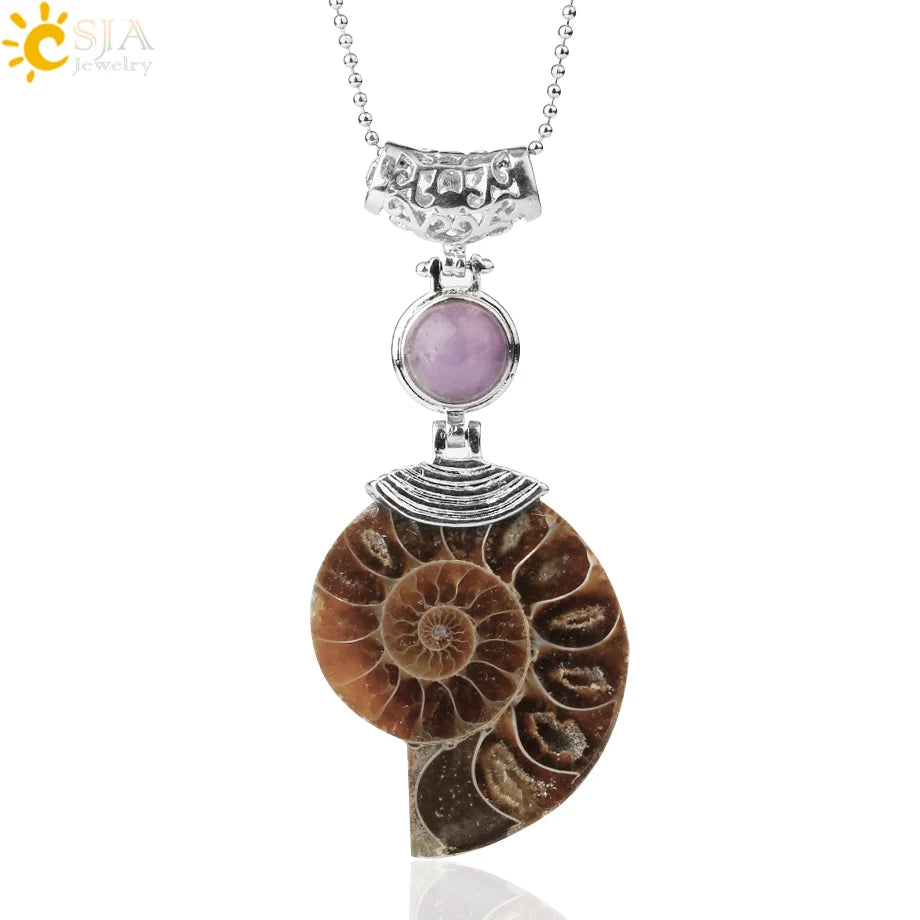 CSJA Natürliche Ammonit Anhänger Halbe Cut Snail Shell Tier Halskette Conch Reliquiae Lila Kristall Frauen Männer Schmuck E256