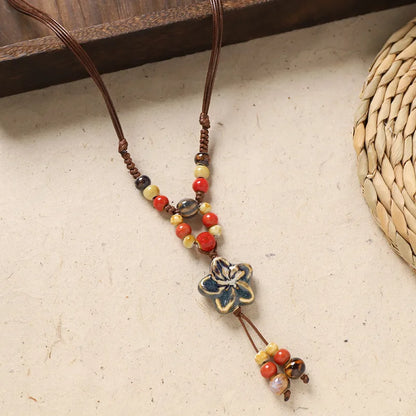 Ceramic Necklace with Colorful Beads Flower-shaped Long Sweater Chain Retro Accessory for Women