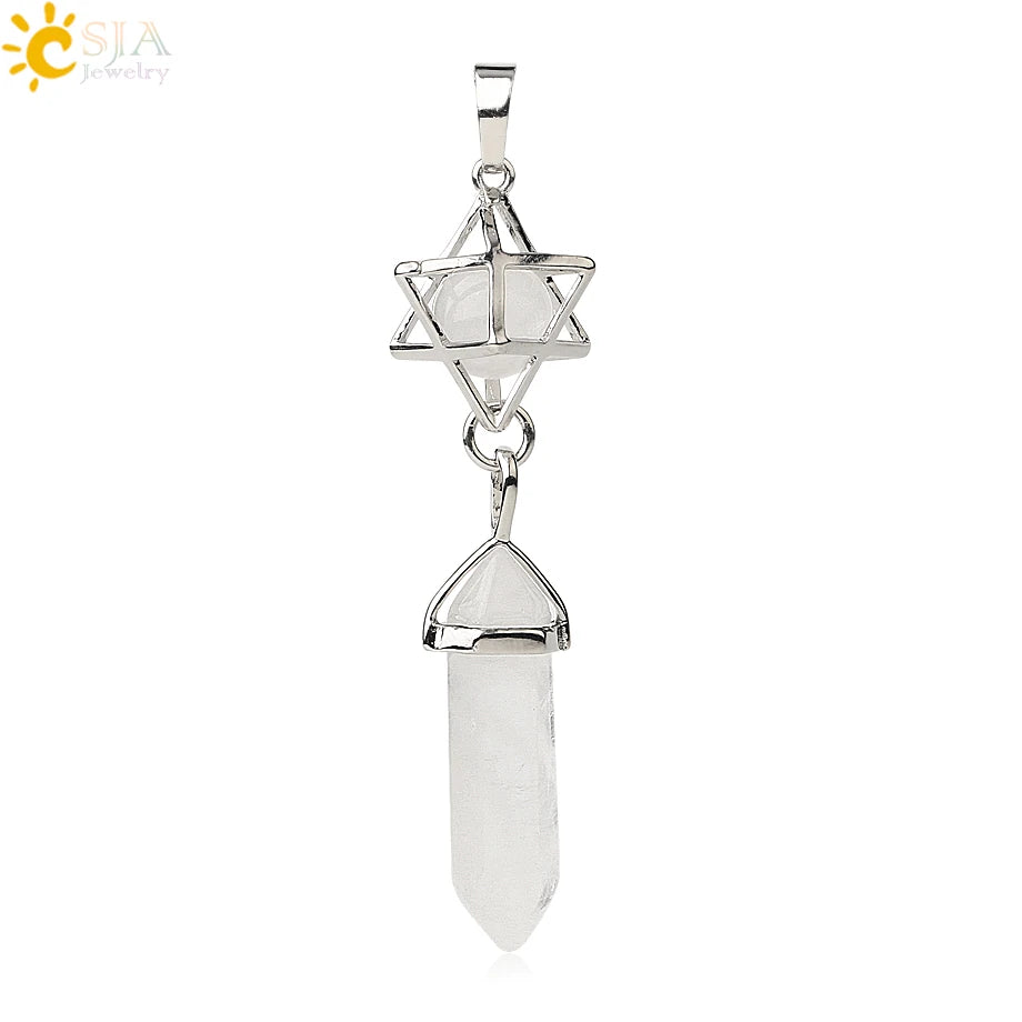 CSJA Reiki Naturstein-Anhänger Merkaba Medaillon Pendel Sechseckiges Kristallprisma Lange Anhänger für Halsketten Damenschmuck G512