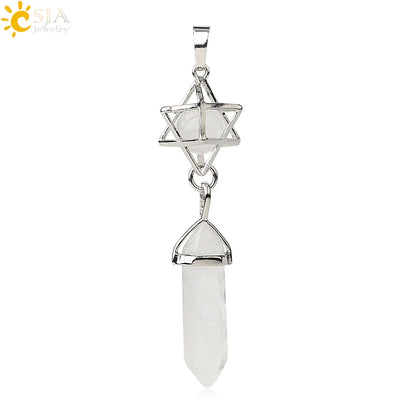 CSJA Reiki Naturstein-Anhänger Merkaba Medaillon Pendel Sechseckiges Kristallprisma Lange Anhänger für Halsketten Damenschmuck G512