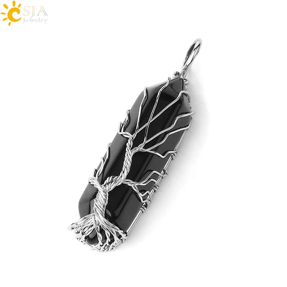 CSJA Kristalle Halskette Stein Natürlichen Kristall Anhänger Sechseckige Silber Farbe Lebensbaum Draht Wrap Frauen Männer Quarz Schmuck G551
