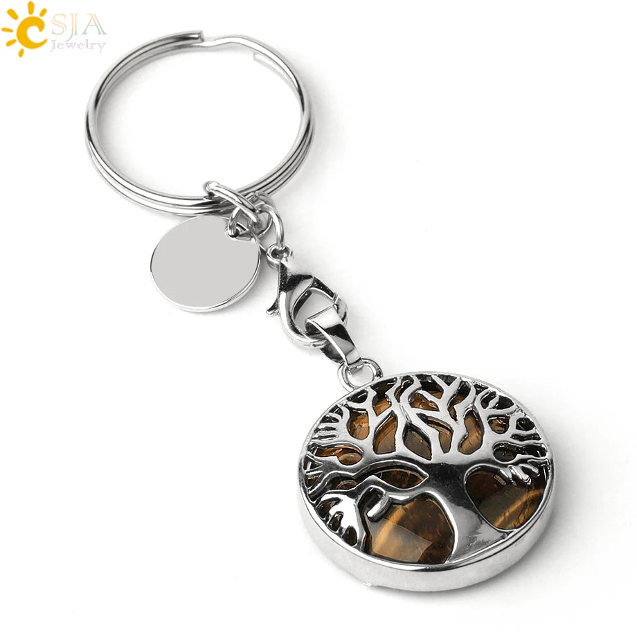 CSJA Luxus Natürlichen Kristall Stein Original Keychain Baum des Lebens Keychain Glücklich Key Ring Auto Decor Weihnachten Frauen Männer G498