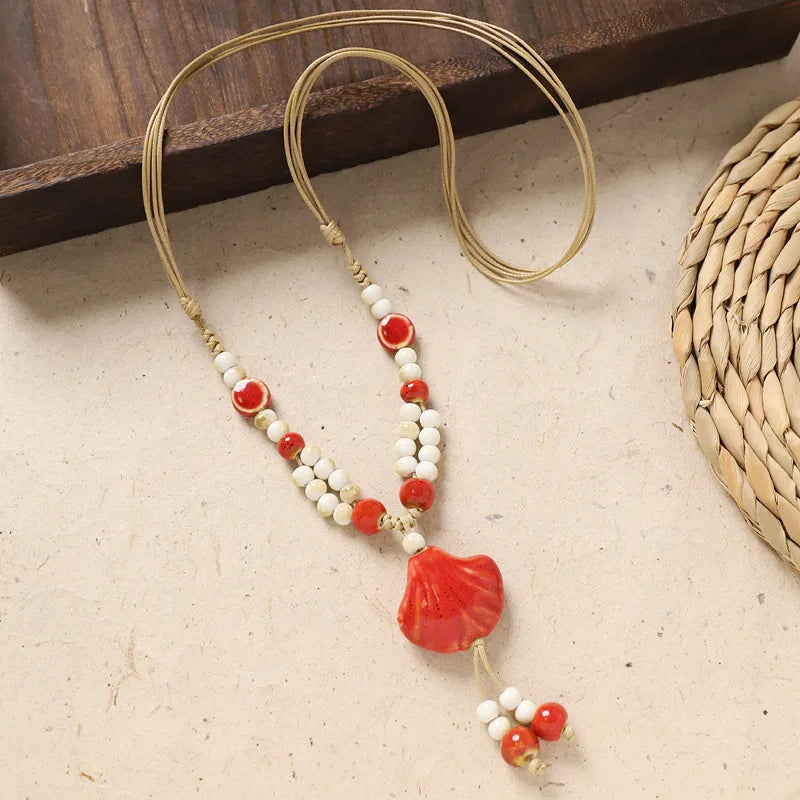 Ceramic Necklace with Colorful Beads Flower-shaped Long Sweater Chain Retro Accessory for Women